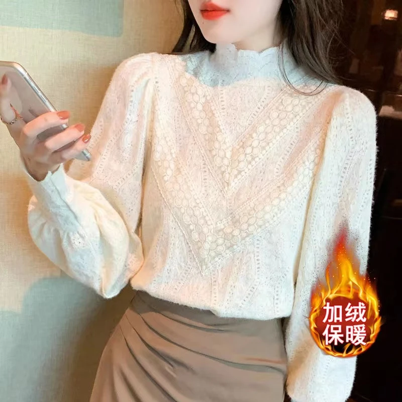 宫廷高级加绒加厚半高领磨毛蕾丝打底衫女秋冬新款洋气内搭上衣女