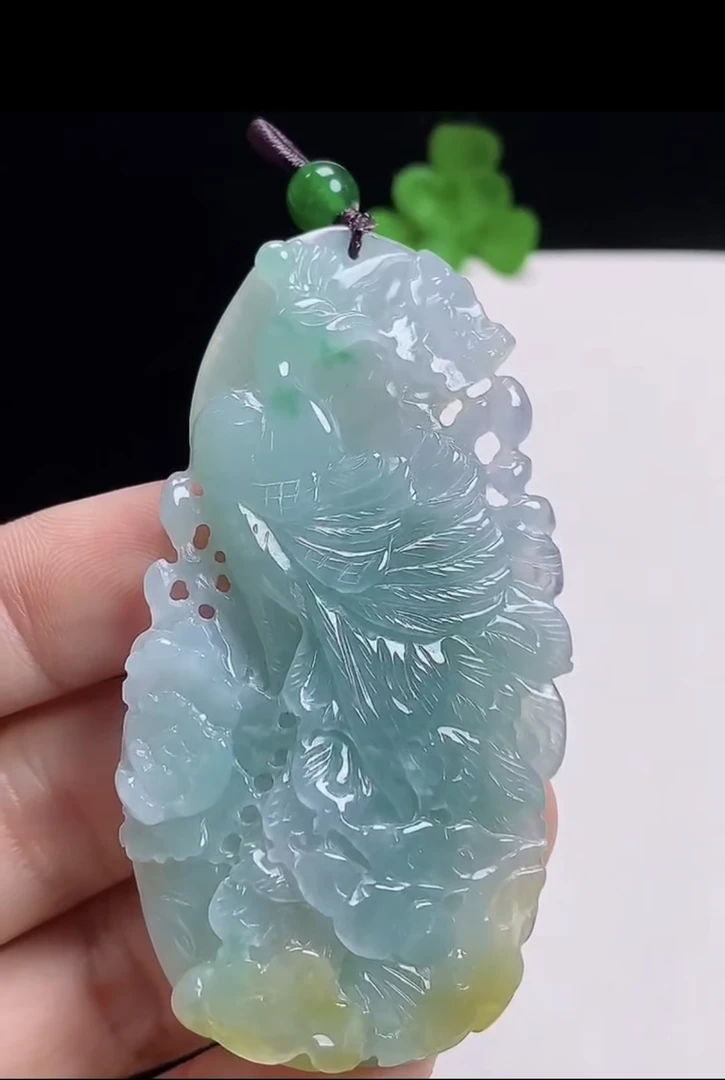 缅甸天然翡翠a货 黄翡飘花凤穿牡丹吊坠36 尺寸68.8/35.5/7.5