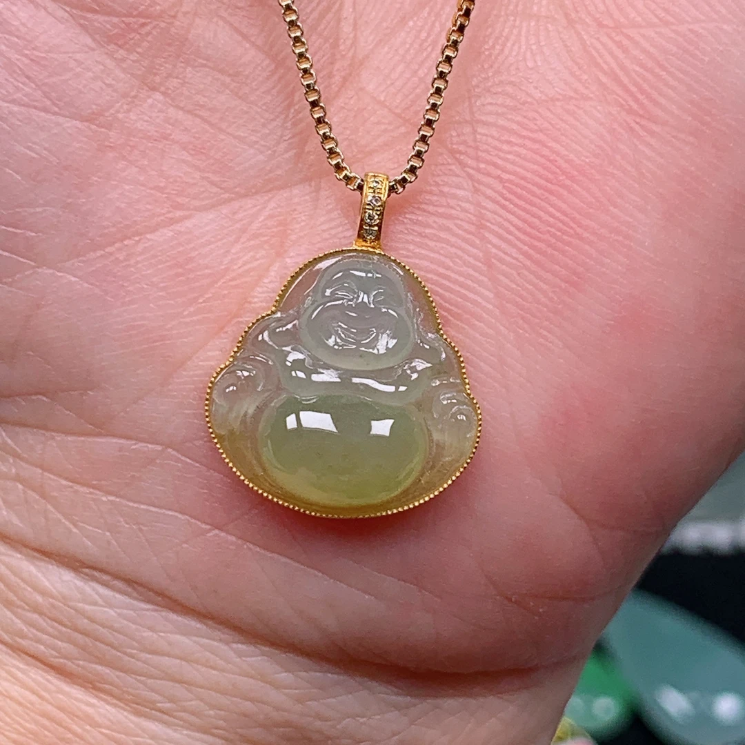 缅甸天然翡翠A货 冰润黄翡佛公吊坠9/120(尺寸14.8x15.2x4.8)