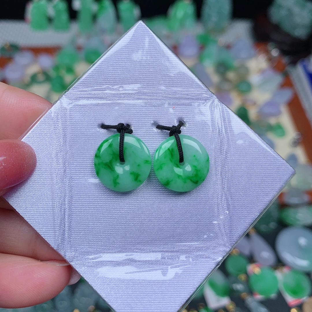 缅甸天然翡翠A货 冰润辣绿平安扣 一对（尺寸13.5/2.3 13.4/2.4)