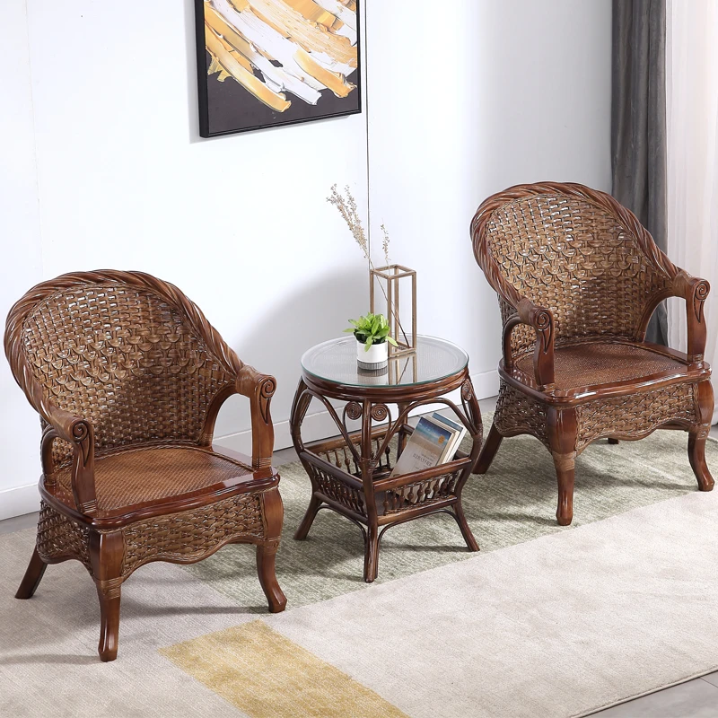 阳台真藤编桌椅庭院老式休闲藤椅豪华椅子客厅高档藤椅茶几三件套