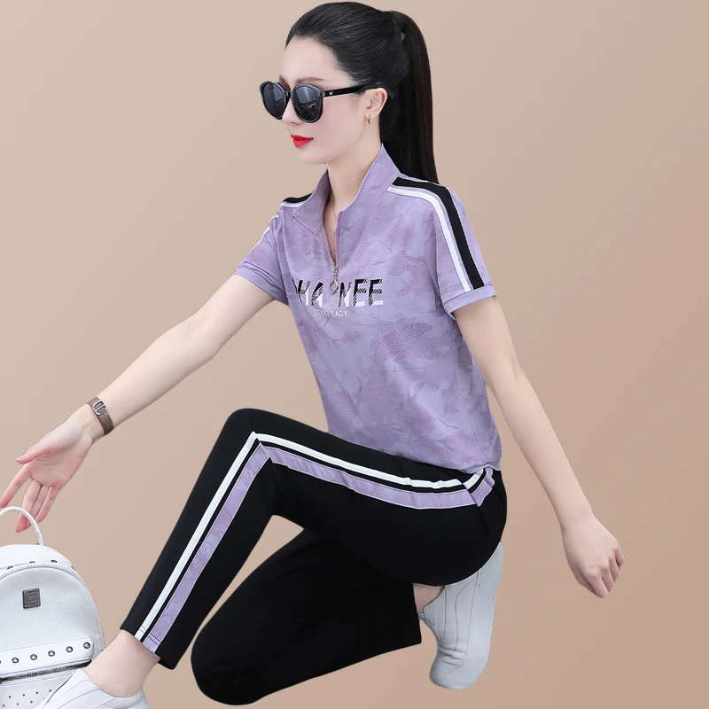 8736高端短袖运动套装女夏冰丝两件套2025新款休闲跑步大码运动服