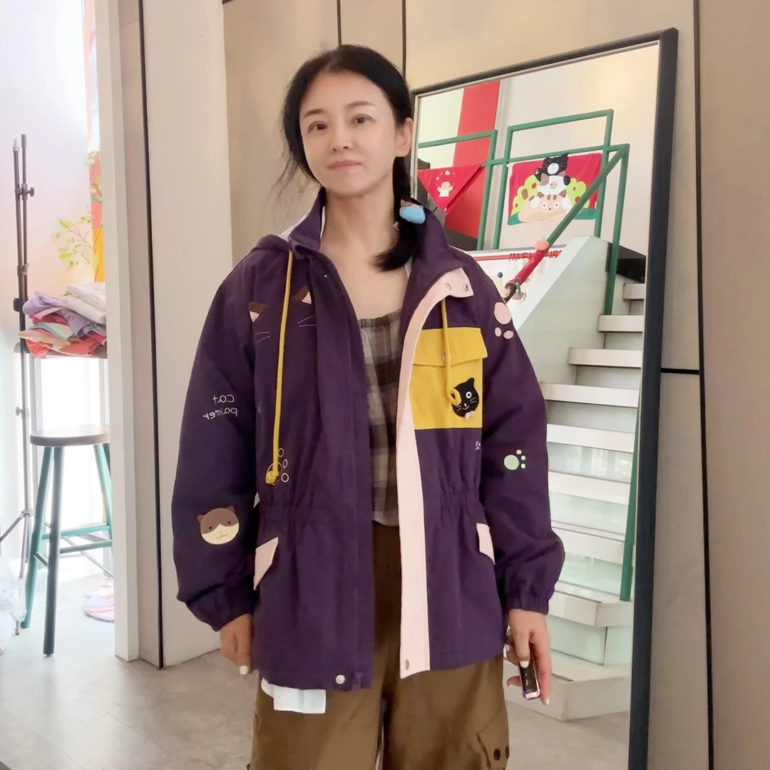 HIKOSEN CARA卡拉猫冬季棉袄拼色撞色贴布猫咪棉服外套工装服