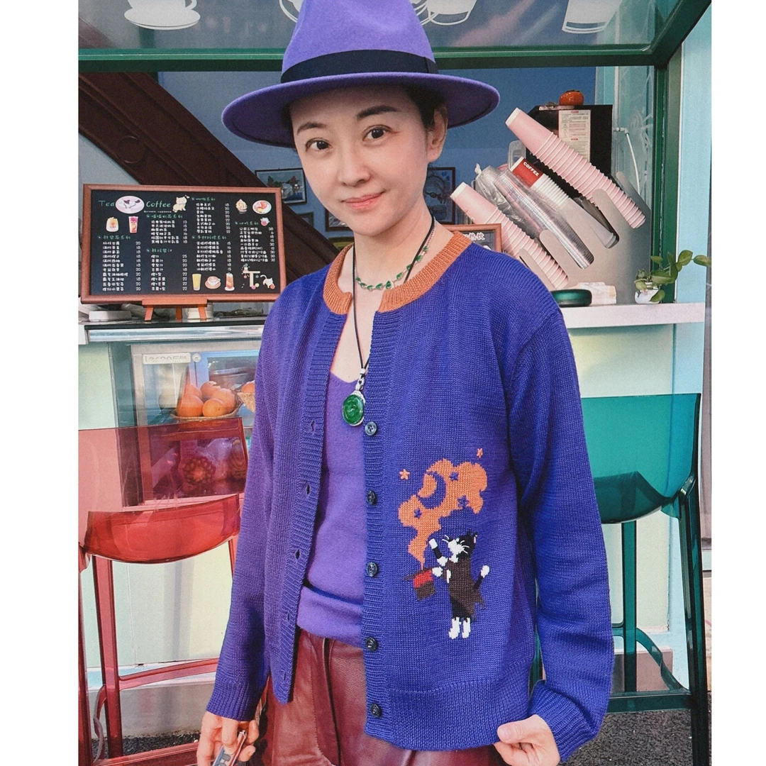 HIKOSEN CARA卡拉猫圆领针织衫猫咪日系保暖家居女长袖羊毛衣上衣