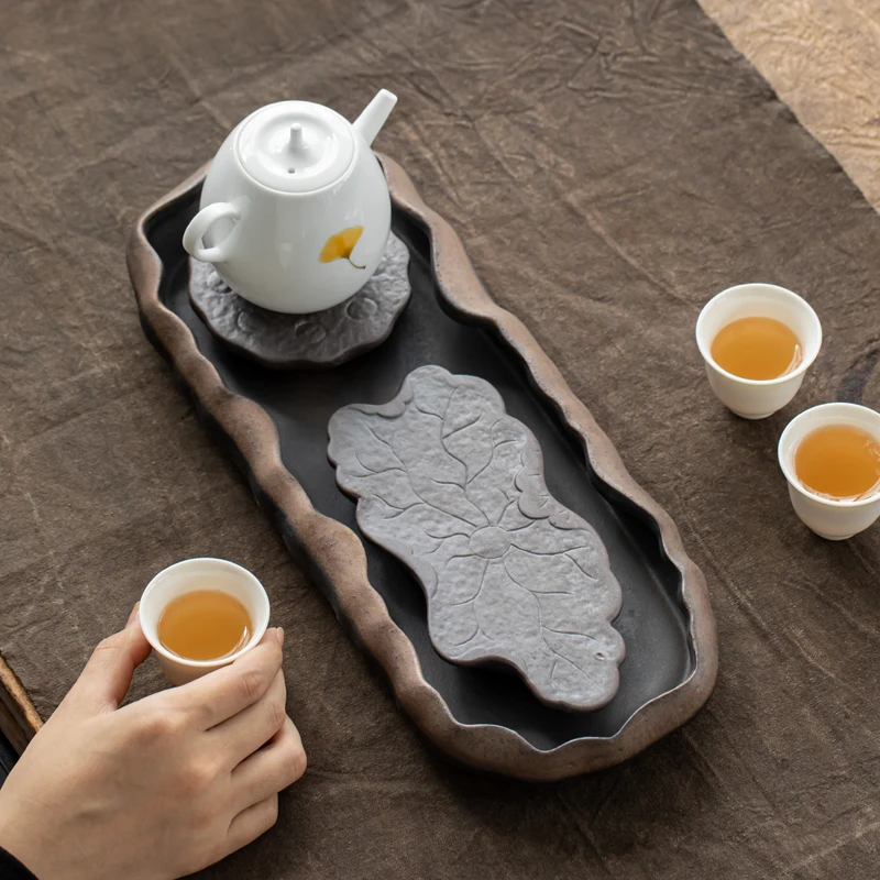 祖奇茶盘家用粗陶干泡盘禅意储水两人用简易高温茶海陶瓷茶台壶承