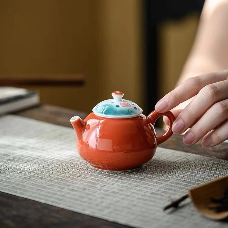 祖奇日式橙釉下彩小圆壶陶瓷功夫茶具手绘泡茶壶带过滤单壶