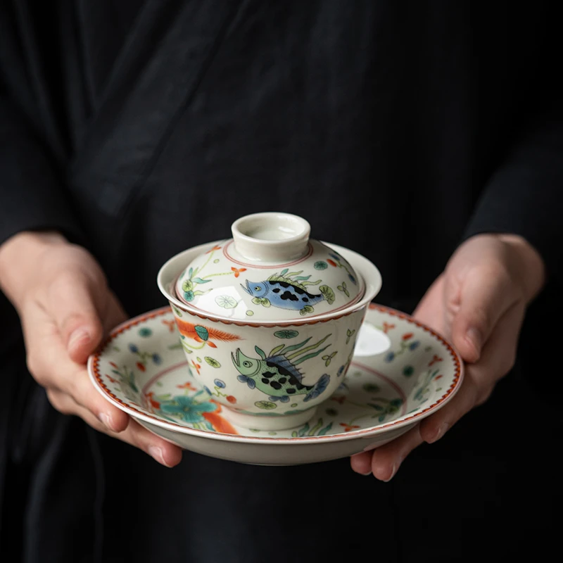 祖奇仿古海草鱼三才盖碗家用陶瓷功夫茶具泡茶碗经典复古大号茶盏