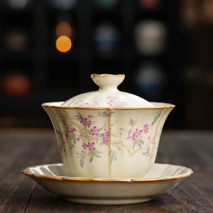 祖奇米黄汝窑花瓣盖碗开片家用茶具泡茶功夫茶具汝窑三才盖碗