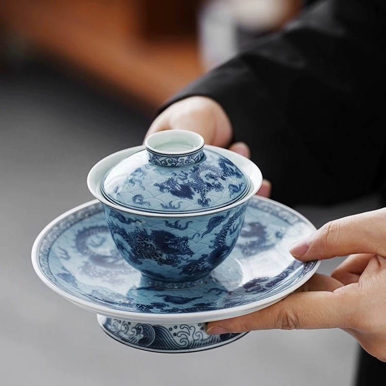 祖奇青花瓷祥龙盖碗套装陶瓷功夫茶具三才盖碗单个泡茶碗防烫茶碗
