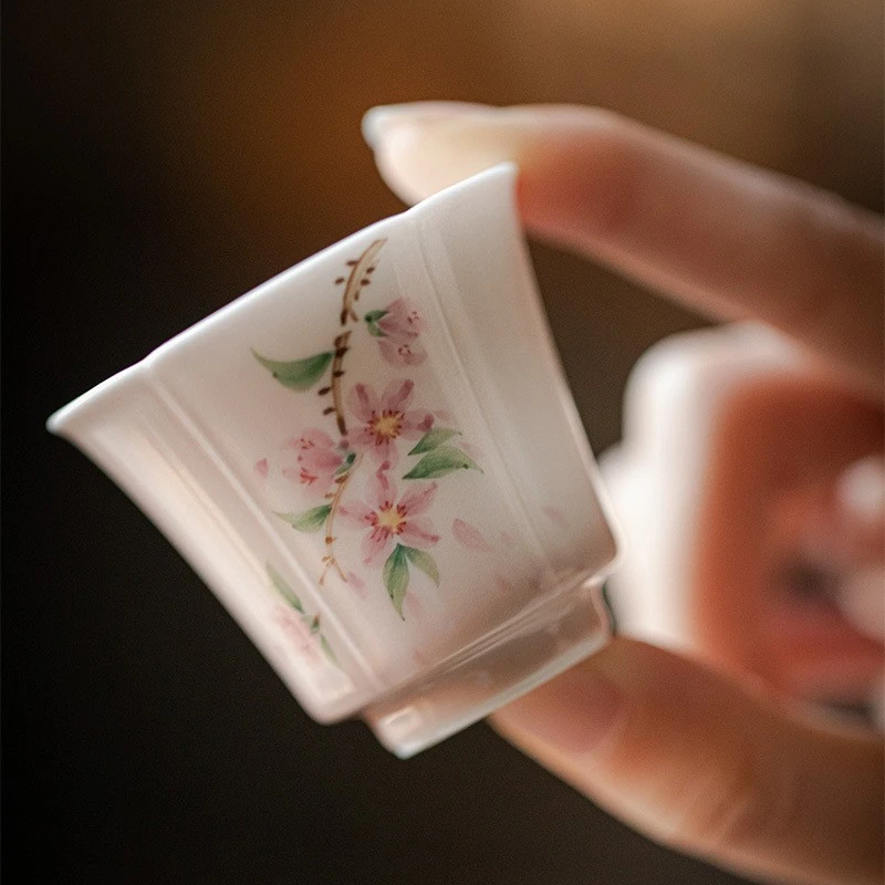 祖奇墨己苍烟红落桃赋品茗杯功夫茶具陶瓷茶杯小号手绘釉下文人杯