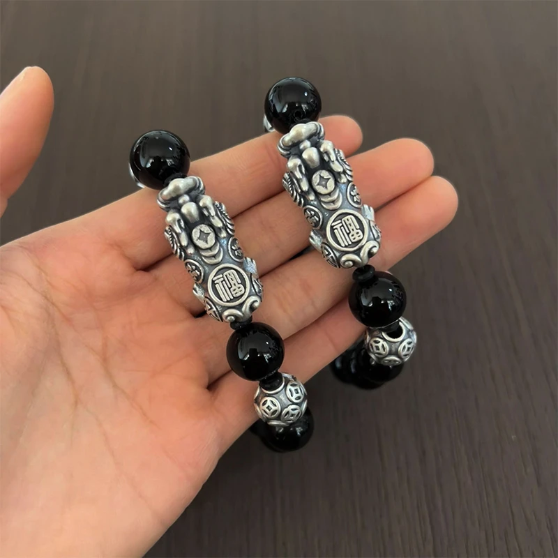 足银手链 貔貅手串足银999做旧复古情侣个性饰品