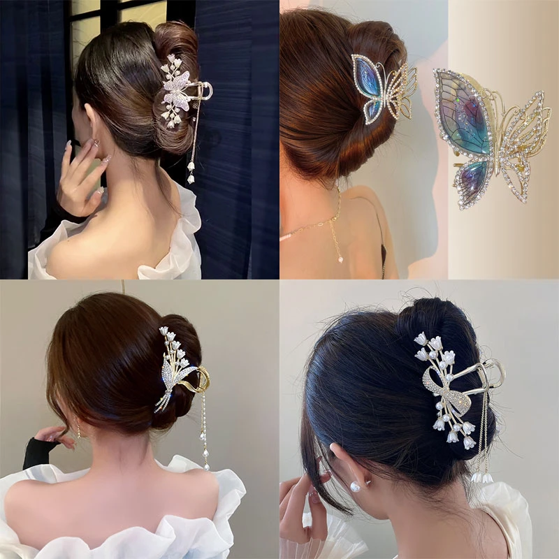 合金发饰 高级感流苏抓夹鲨鱼夹蝴蝶结金属发夹盘发头饰古风发卡
