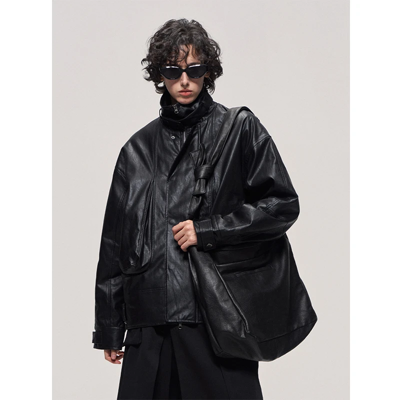 LIMPIDOCULUS澈与目 水洗做旧中长款夹棉立领皮衣外套