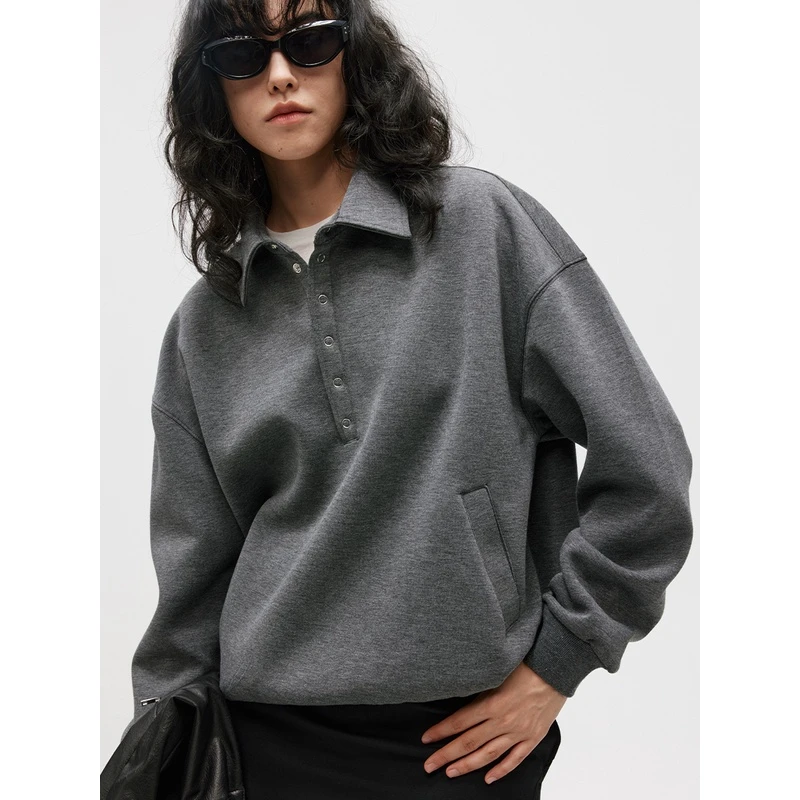 LIMPIDOCULUS 半纽扣插袋落肩小翻领空气层长袖卫衣