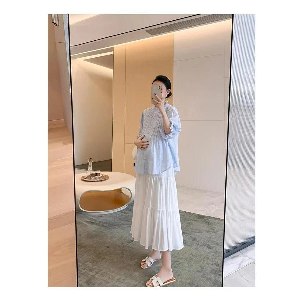 韩版小个子时尚孕妇温柔系套装泡泡袖宽松气质衬衫＋半身裙两件套