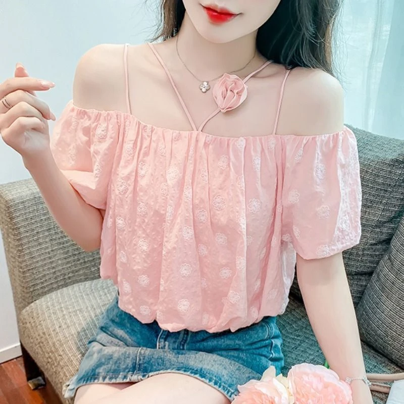 法式甜美一字肩泡泡袖吊带上衣女2024夏季新款洋气减龄气质小衫潮