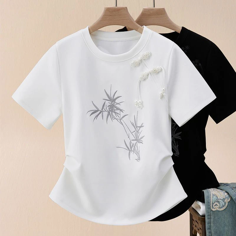 春夏纯棉短袖t恤女夏季新款小竹刺绣修身显瘦中国风复古T恤