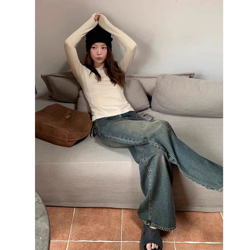 孕妇牛仔裤外穿复古水泥灰蓝阔腿裤春秋薄款显瘦直筒宽松拖地长裤