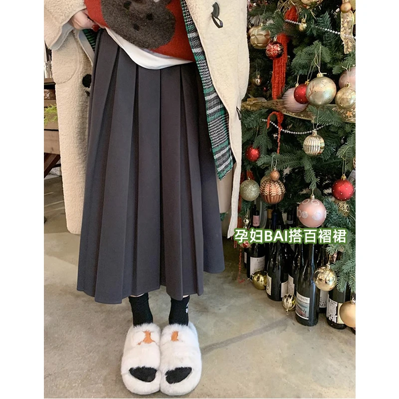 孕妇装外穿时尚显瘦百褶半身裙秋冬三宅加捻罗马托腹中长款a字裙