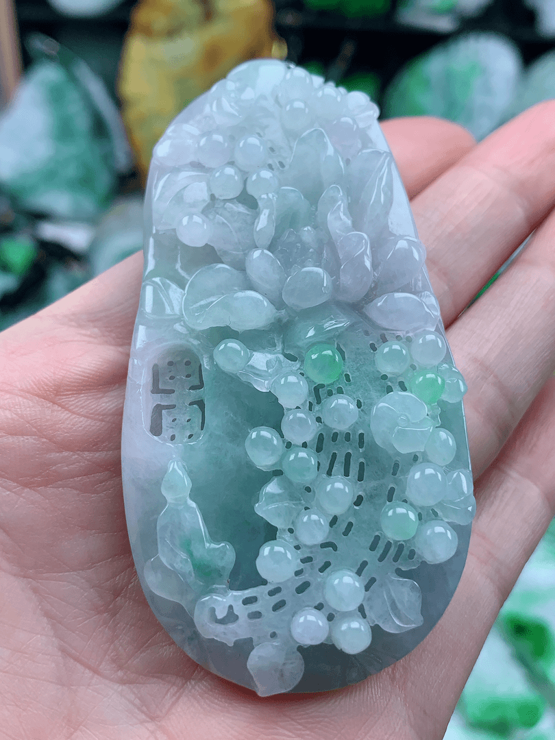 天然翡翠A货春彩花牌吊坠