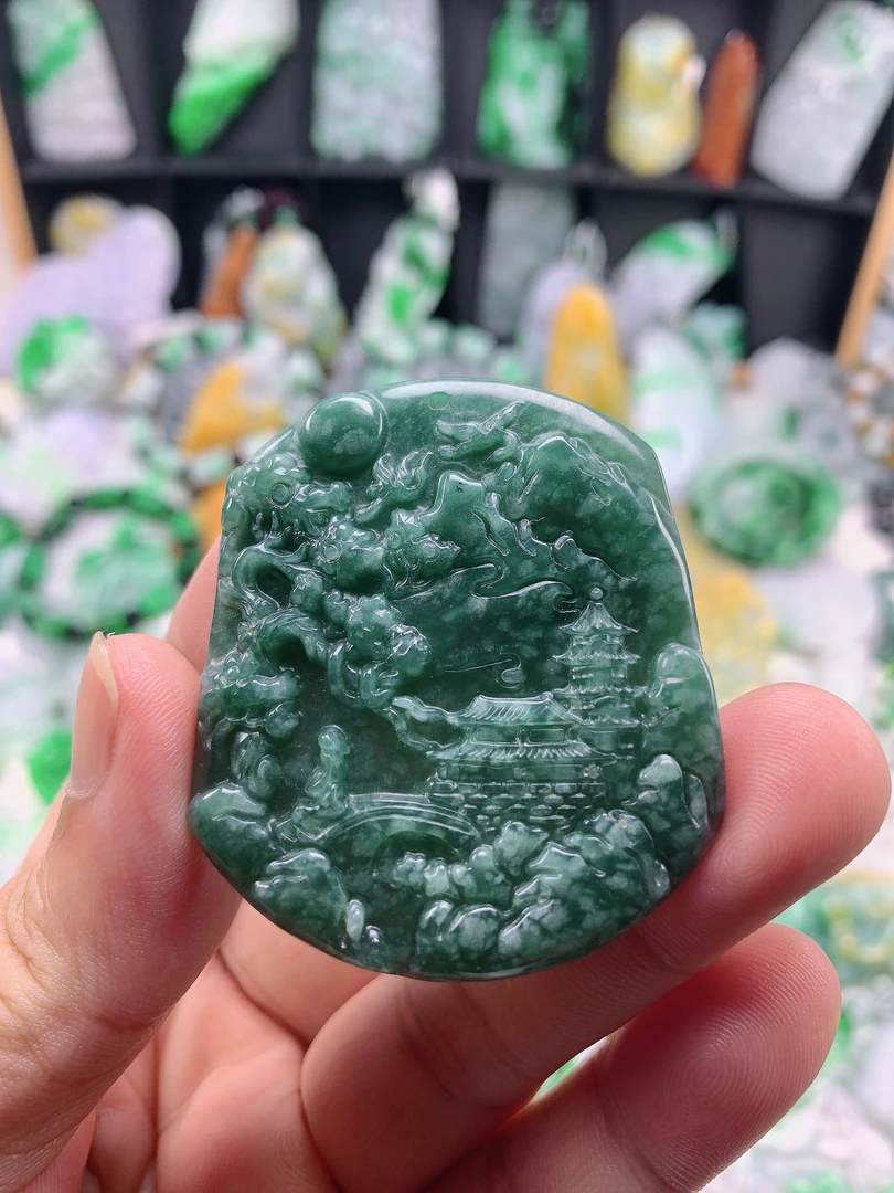 天然翡翠A货蓝水山水牌