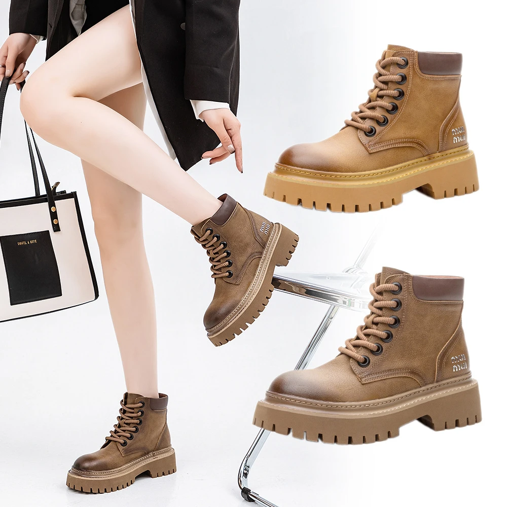 万达撤柜头层真皮美拉德厚底增高马丁靴女工装大黄靴春季新款百搭