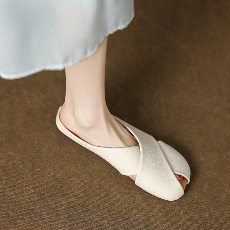 软底软皮包头半拖鞋女外穿2024春夏新款一脚蹬甜美平底凉拖勃肯拖