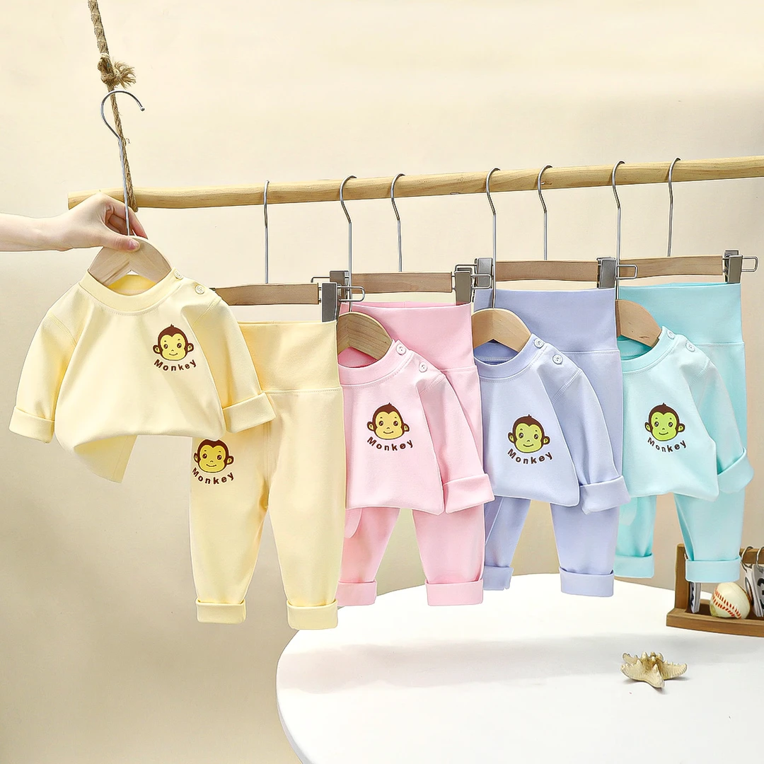 婴儿秋衣秋裤套装纯棉宝宝无骨高腰护肚裤春秋男女童儿童长袖睡衣