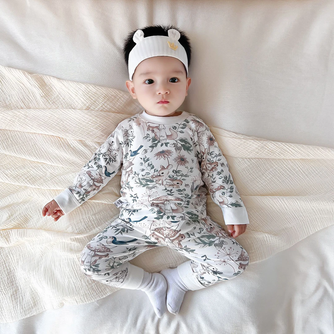 婴儿秋衣秋裤套装纯棉宝宝无骨内衣长袖打底儿童高腰护肚春秋睡衣