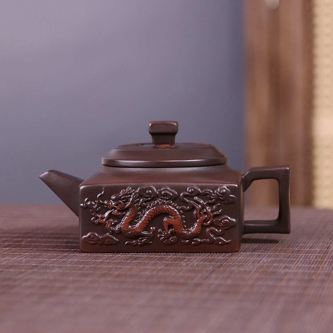 紫陶满雕双龙四方壶大容量中式纯手工泡茶壶复古陶瓷紫砂ZH161