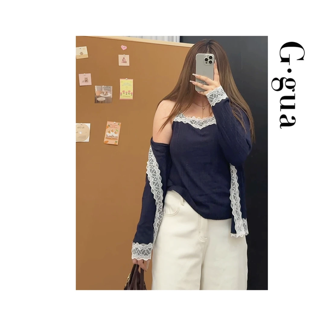 【张_Ggua】大码小香风针织开衫毛衣蕾丝花边拼接百搭两件套短款