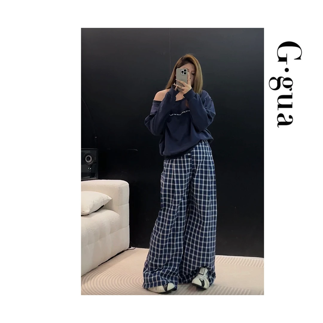 【张_Ggua】大码韩系大版型藏青色斜肩长袖卫衣+高腰格子拖地休闲裤