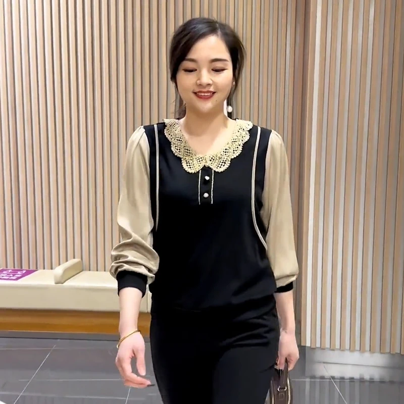 娃娃领打底衫2025新款时尚拼接宽松显瘦百搭洋气小衫潮流妈妈上衣