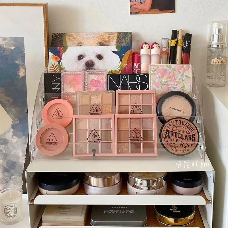 化妆品眼影盘透明收纳盒护肤品阶梯置物架粉饼口红彩妆桌面展示架