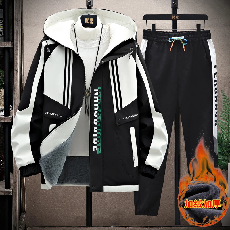 秋冬款防水防风防寒时尚百搭休闲潮流学生连帽初中青少年夹克套装