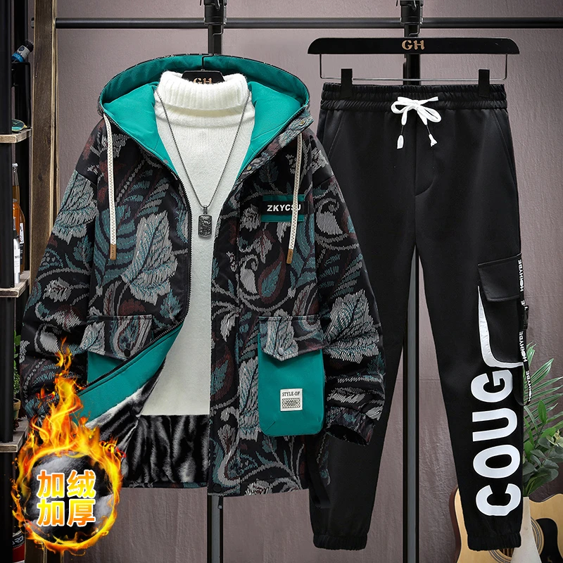 秋冬新款初高男士潮流时尚休闲潮流学生运动连帽青少年套装夹克