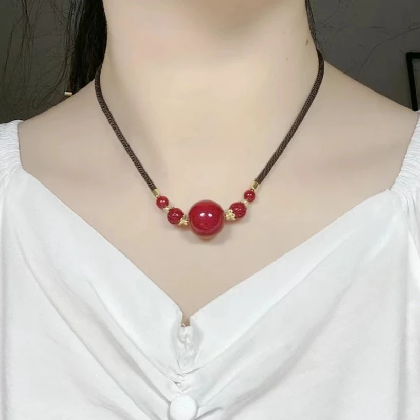 天然辰砂 新款手工编织紫金色圆珠吊坠锁骨链本命情侣项链