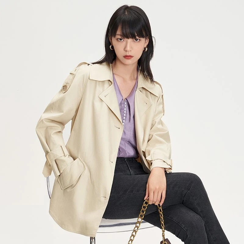 6203【赵老板专享】她图新款女士秋季纯色斜纹短款英伦风大衣