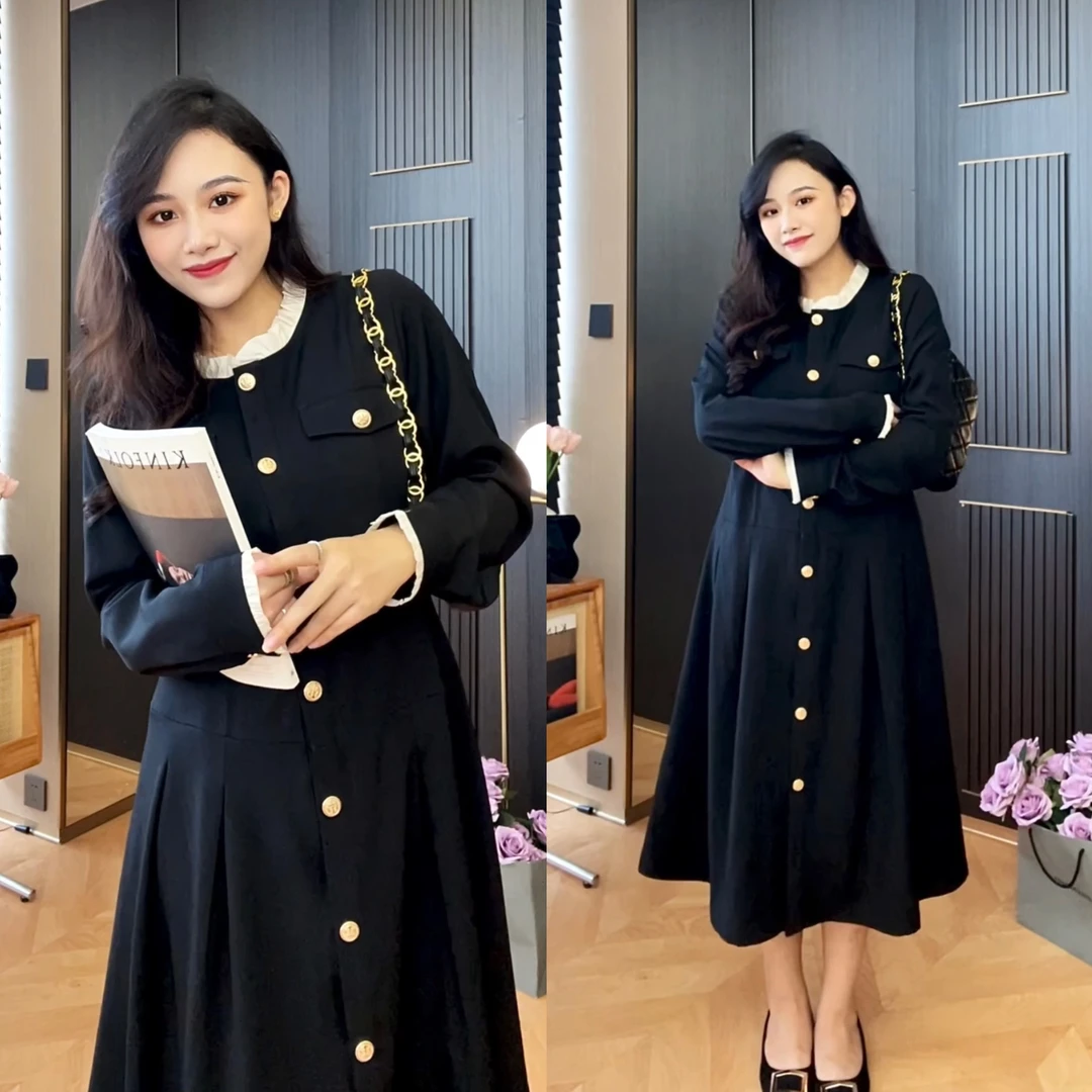 大码女装2023年秋冬新款小香宽松遮肉显瘦连衣裙微胖长裙子73934