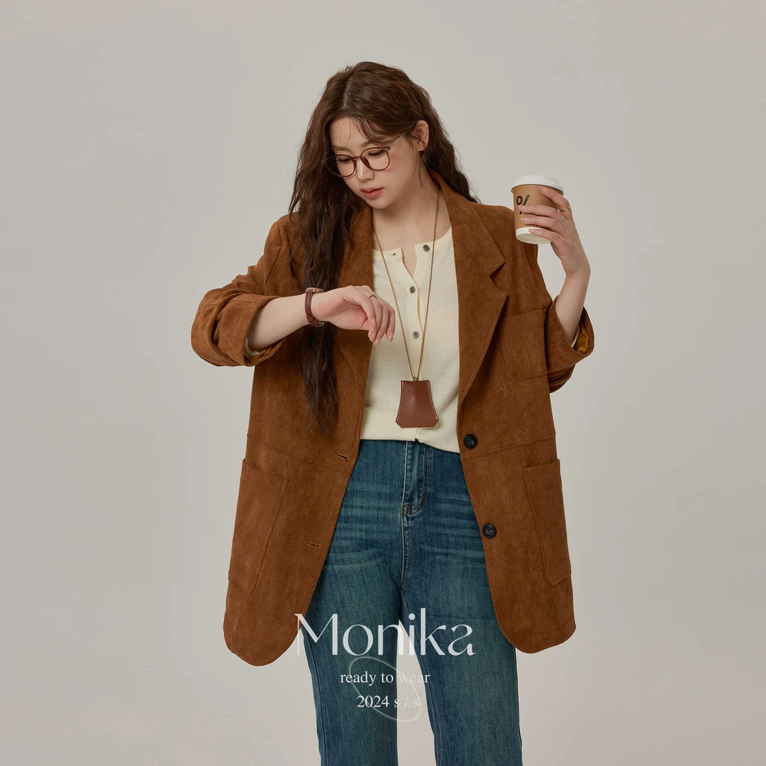 大码女装2024秋装麂皮绒外套胖mm秋装复古宽松美拉德西装75496