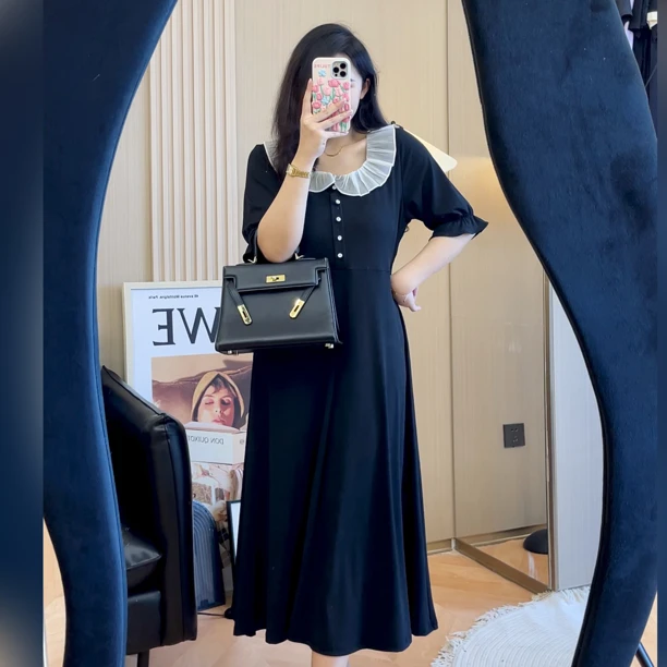 赫本风娃娃领连衣裙微胖大码女装胖妹妹显瘦气质短袖裙子73685