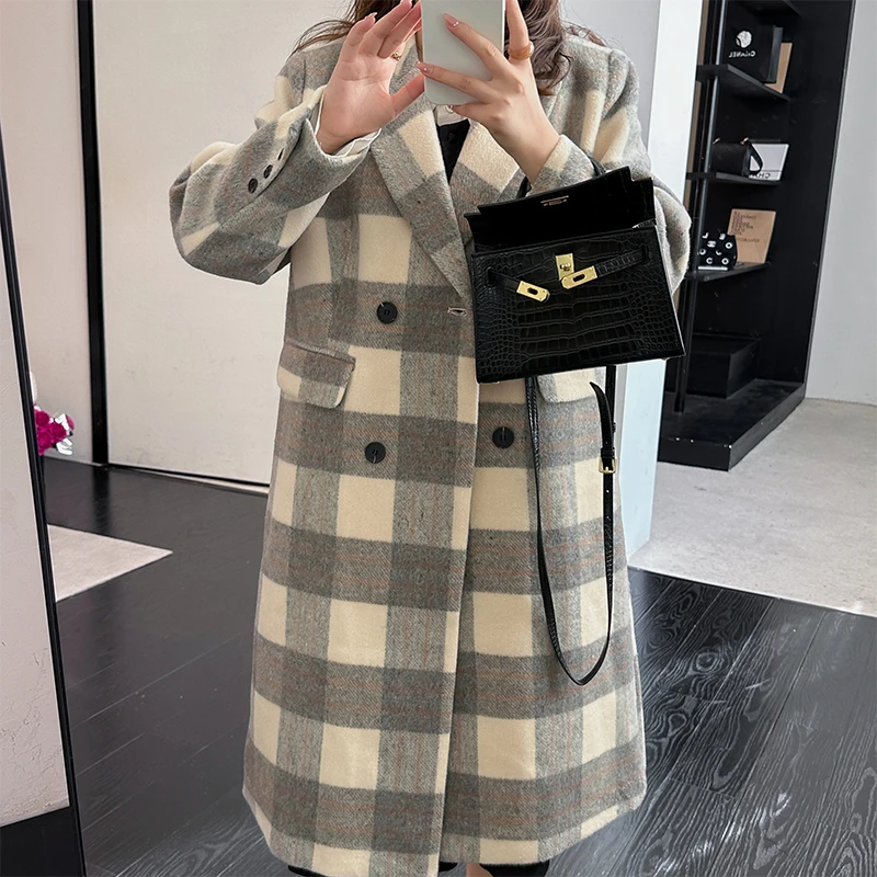 大码女装2023冬装新款大衣胖mm显瘦保暖格子中长款毛呢外套Y10889