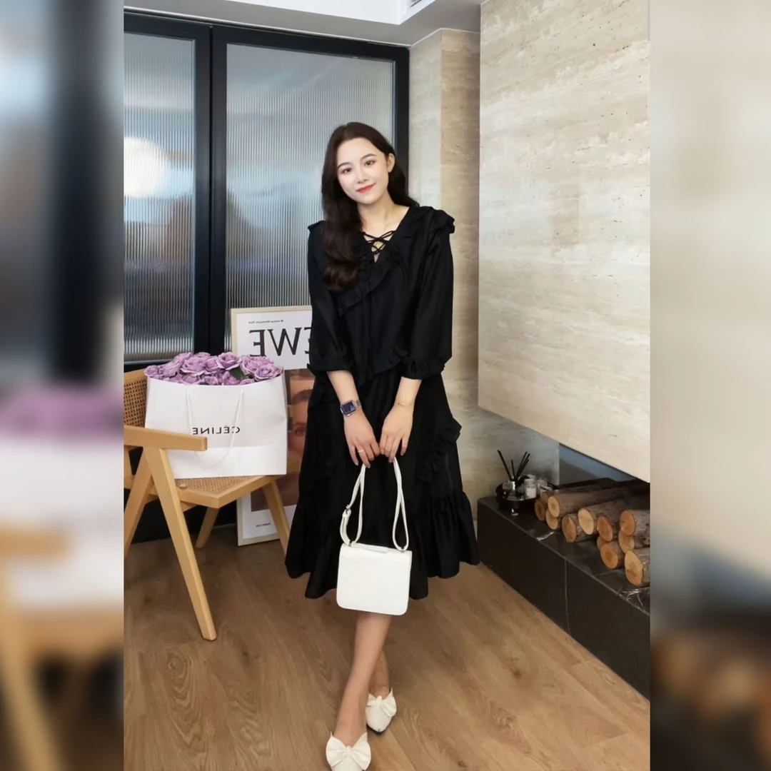 【法式小仙女】大码女装连衣裙荷叶边绑带长裙73308