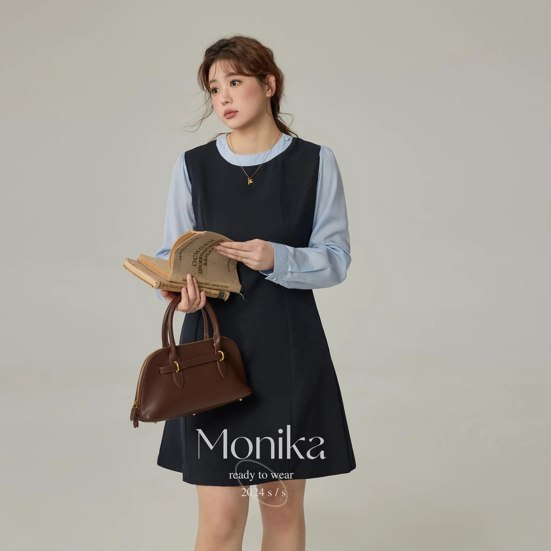 大码女装收腰显瘦长袖撞色连衣裙胖mm秋冬学院风拼接裙子75679