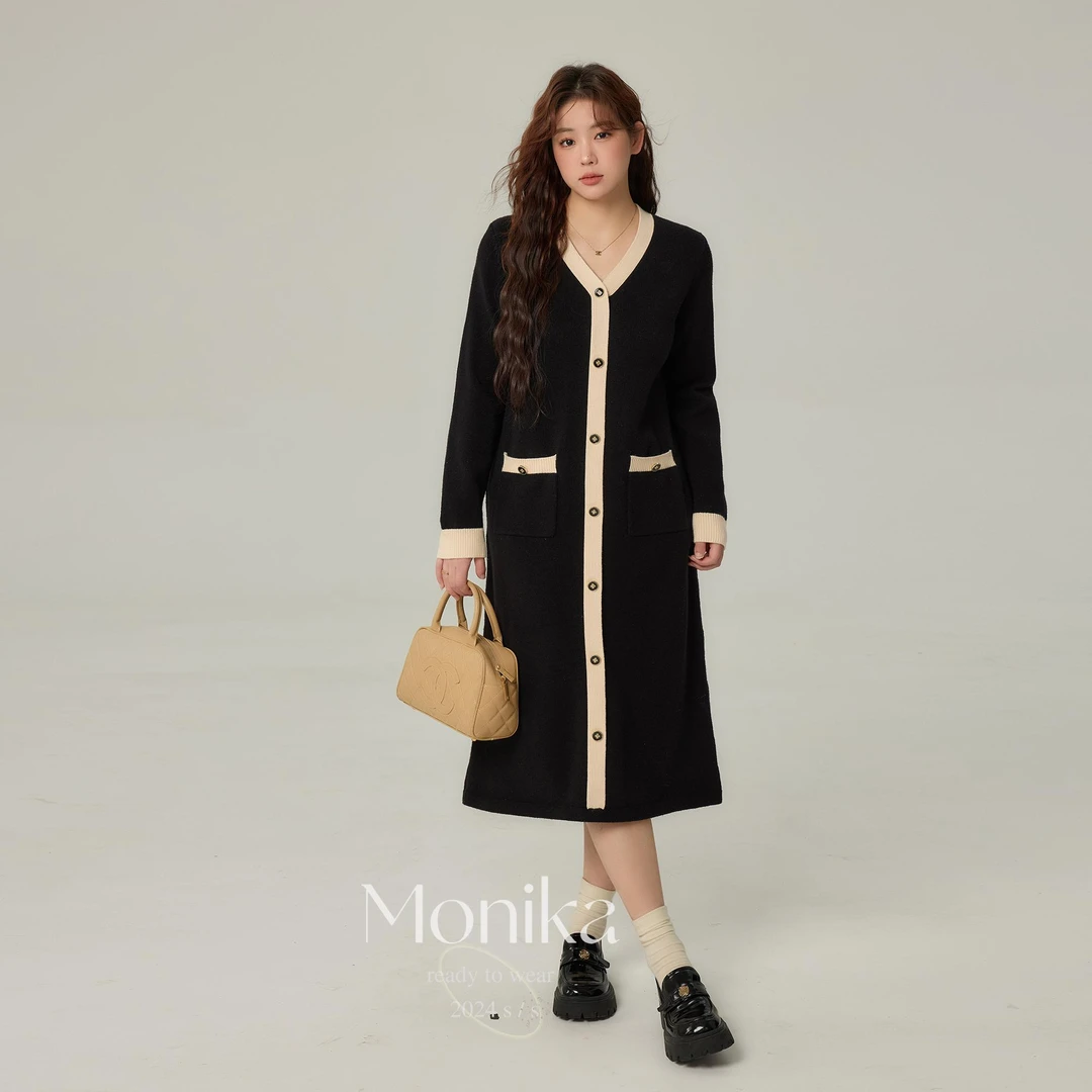 大码女装秋冬温柔风百搭气质中长款撞色毛衣连衣裙L22789