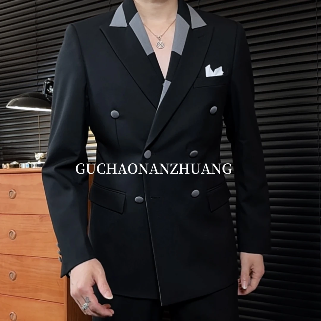 【Gc 古潮】--上新-原创设计男士戗驳领双排扣英伦风西装套装两件套