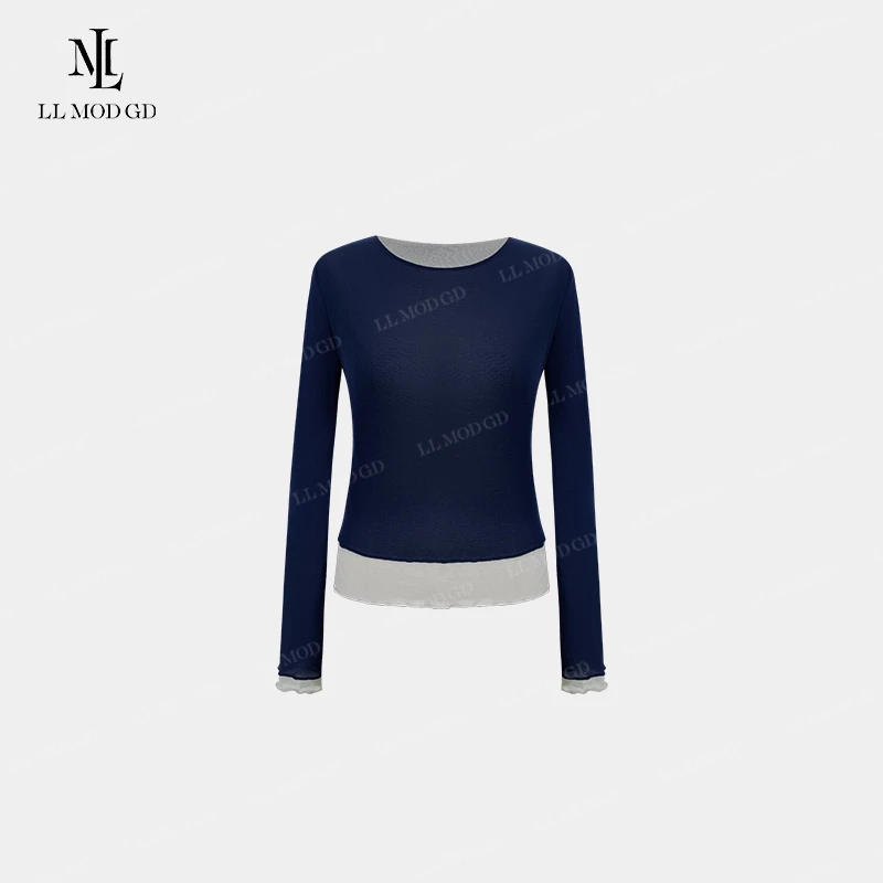 LL·MOD·GD极简风假两件T恤2024早秋木耳边下摆上衣XR-252874