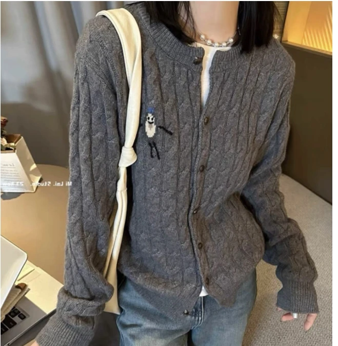 刺绣卡通 圆领宽松针织衫女秋季慵懒风长袖百搭上衣YLXR-253879