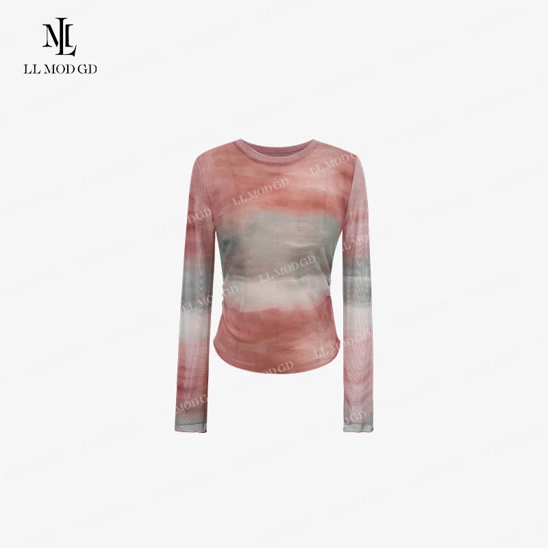 阳光女孩 渐变色扎染侧身长袖T恤女夏季甜美风晕染设计YL-252507