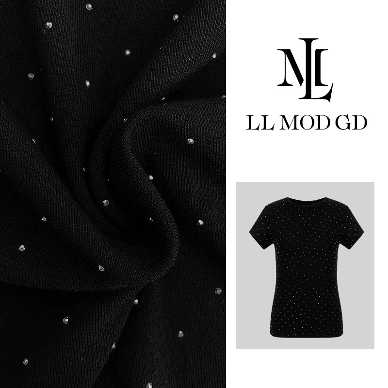 【莉莉家】【浮生暗香】夏季时尚重工百搭半袖烫钻T恤XJ-250461